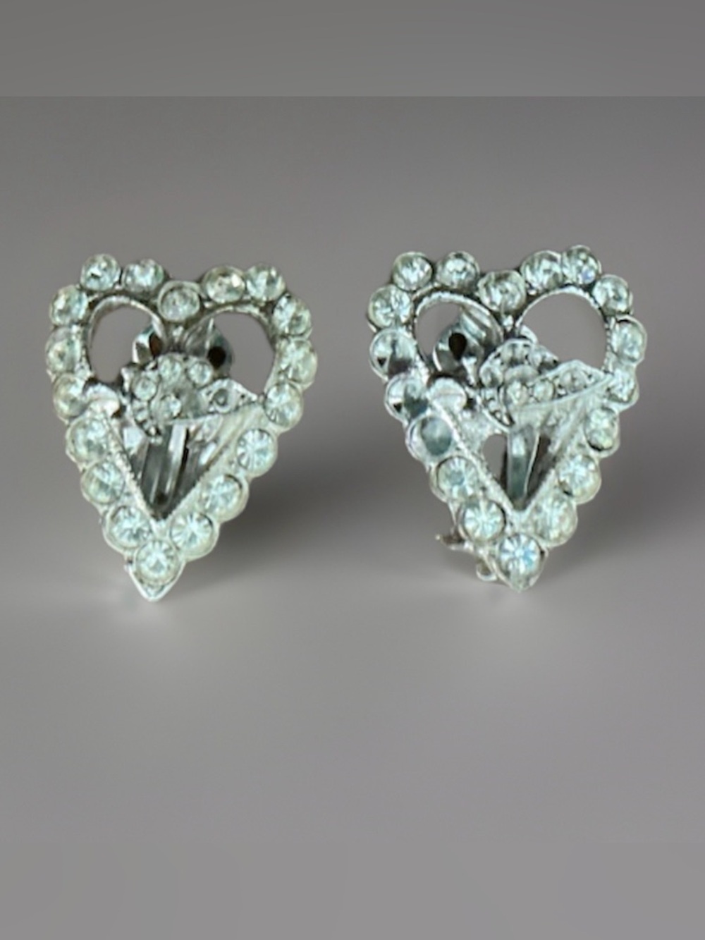 ORA Heart Shaped Rhinestone Clip Ons 1950 Era Mid Century Seventy Six Yrs Old